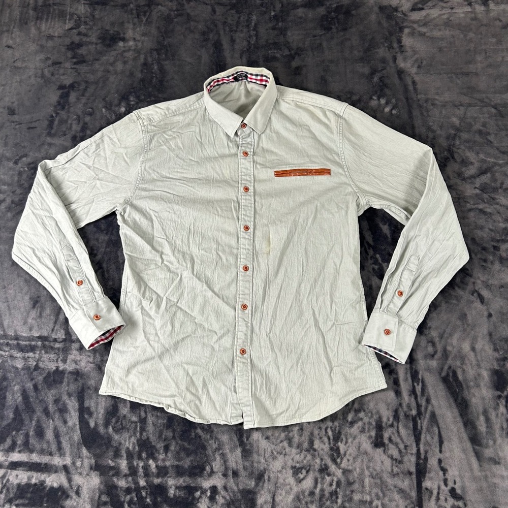 Coofandy Button Down Shirt Mens Medium Gray Plaid Trim Faux‎ Leather Detail